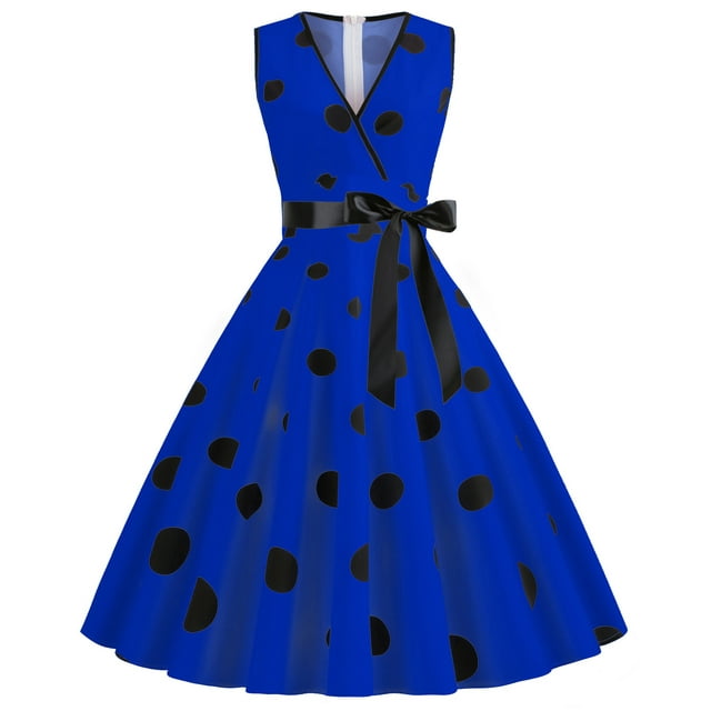 Fznquz Pleated Women's Summer Dresses Polka Dot Bow Blue A-Line Midi ...