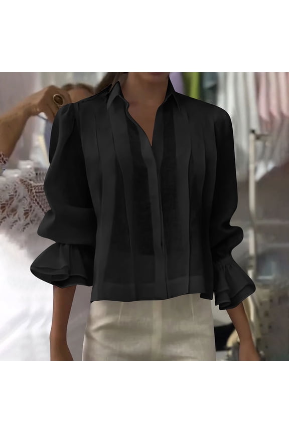 Plus Size Blouses for Curvy Women Plain Linen Dressy Casual Black Tops Work Puff Sleeve Spring Clothes,XXXL