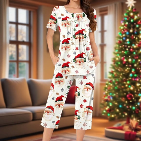 Fznquz Plus Size Pajamas for Women Soft Christmas 2 Piece Pajamas Short Sleeve Top and Pants Women's Pj Sets