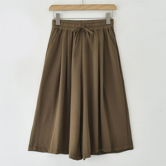 Fznquz Plus Size Pants for Women Casual Elastic Waist Cropped Pants Wide Leg Brown Drawstring Flowy Pants M