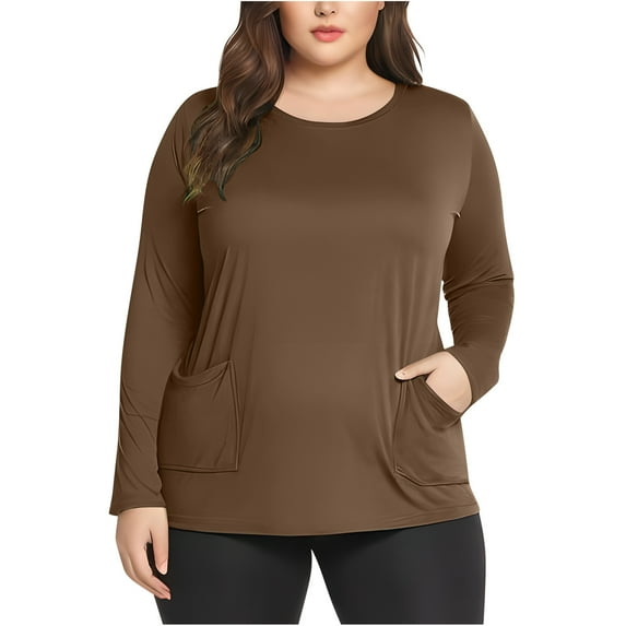 Fznquz Plus Size Shirt Women Long Sleeve Basic Brown Shirt Crewneck Pockets Spring Blouses Women