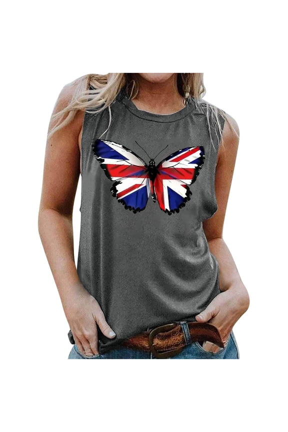 Plus Size Tank Tops for Women Crew Neck 4th of July Independence Day American Flag Gray Sleeveless Women's Tank Tops Under 5.00