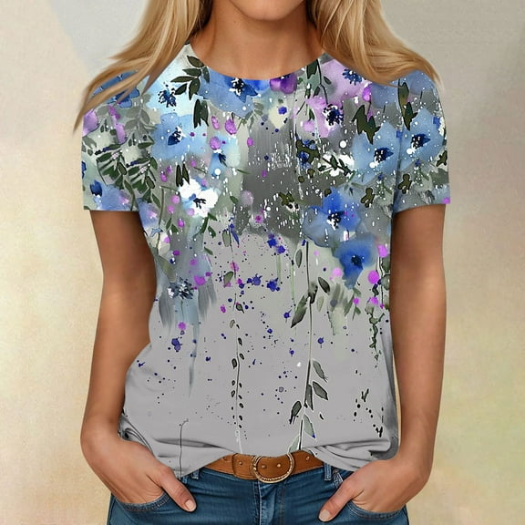 Fznquz Plus Size Tops for Women Short Sleeve Gray Floral Casual T Shirts Crew Neck Plus Size Summer Blouses for Women