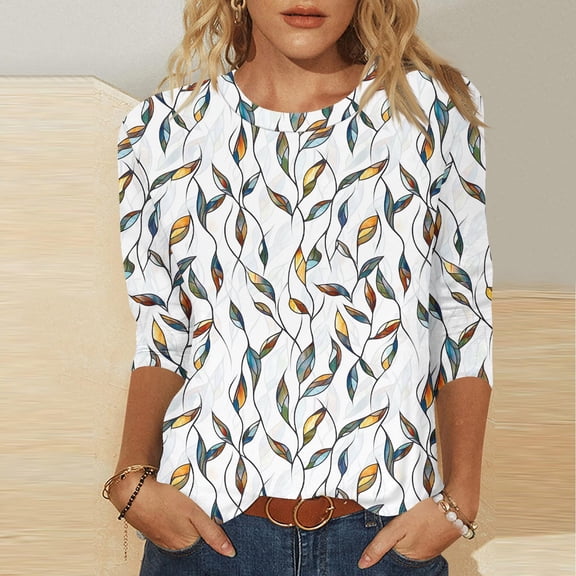 Fznquz Plus Size Women Tops 3/4 Sleeve White Blouse Crewneck Casual Floral Womens Fall Clothing,XXL