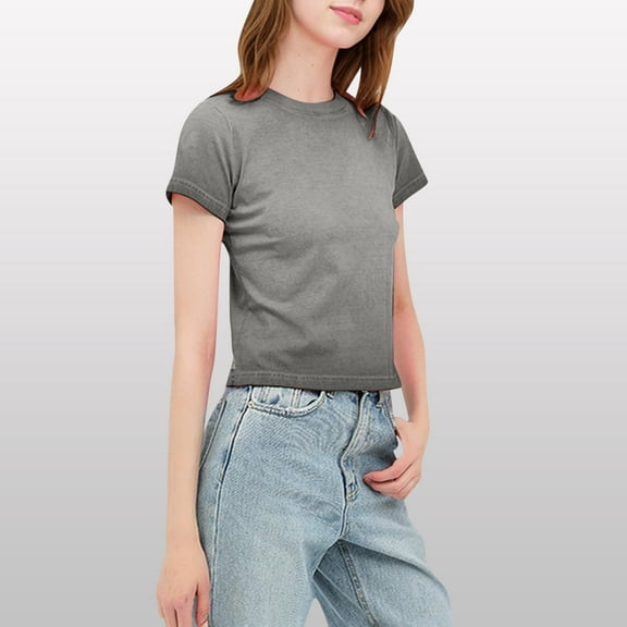 Fznquz Plus Size Women Tops Plain Basic Tees Gray Short Sleeve Crew Neck Summer Women's T-Shirts