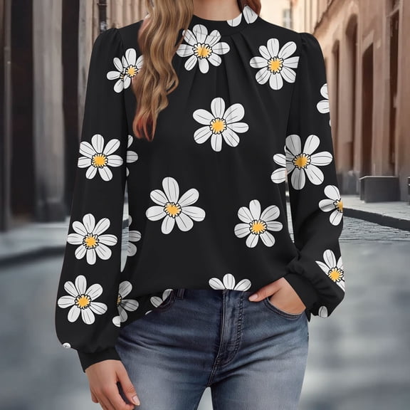 Fznquz Plus Size Womens Blouses Black Long Sleeve Business Casual Blouses Dressy Button Pleated Womens Fashion,L