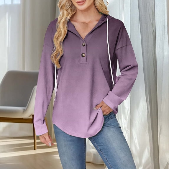Fznquz Plus Size Womens Blouses V Neck Purple Hooded Long Sleeve Blouses Casual Oversized Loose Fit Women's Clothing,M
