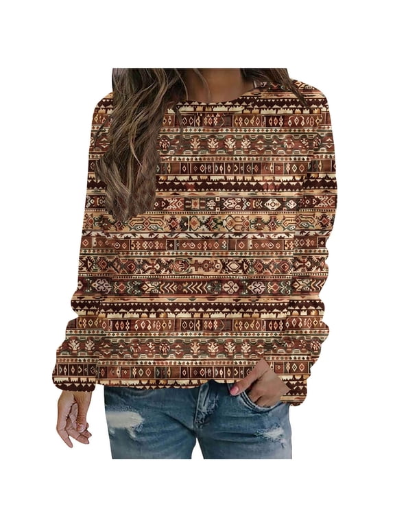 Plus Size Womens T-Shirts Pullover Long Sleeve Sweatshirts Aztec Casual Crewneck Spring Women's Blouses