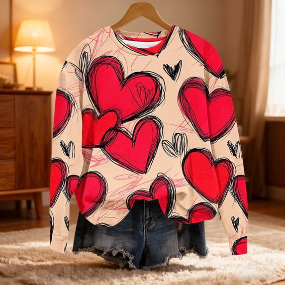Fznquz Plus Size Womens Tops Cute Valentine's Day Beige Sweatshirt Crewneck 2026 Pullover Love Heart Spring Clothes for Women,L