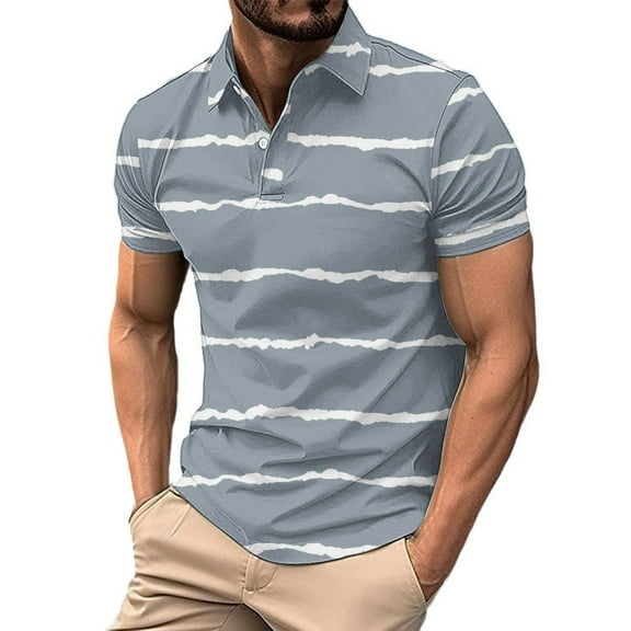 Fznquz Polo T Shirts for Men Summer Casual Gray Golf Button Moisture Wicking Stripe Performance Shirts L