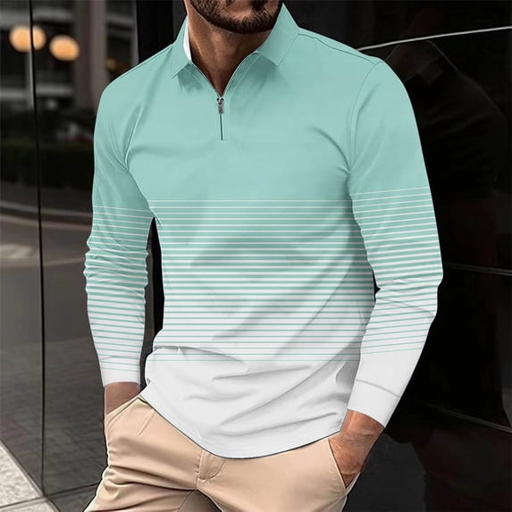 Fznquz Polo Tees Dress Blue Striped Long Sleeve Polo Collar Regular Fit Casual Winter Clothes Men