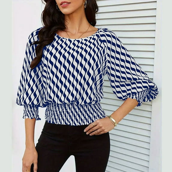 Fznquz Puff Sleeve Womens Business Casual Tops Striped Color Block Blue Shirt Dressy Fall Round Neck Oversized Tshirts Women