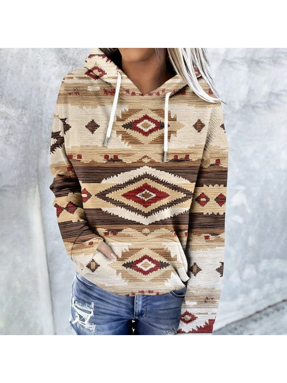 Pullover Plus Size Blouses for Curvy Women Hooded Aztec Print Western Shirts Long Sleeve Casual Women's Spring Fashion,XXL