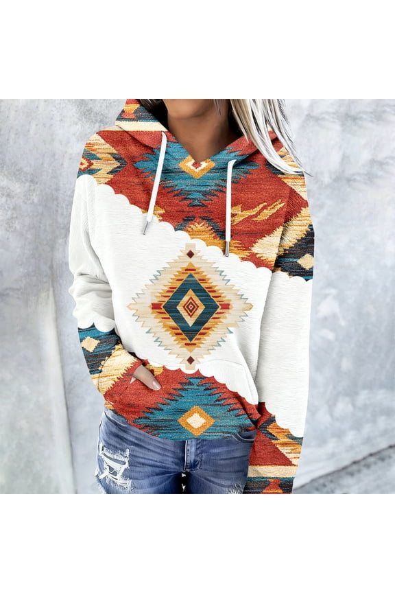 Pullover Women's T Shirts Aztec Print Hooded Western Shirts Spring Casual Long Sleeve Shirt,XL