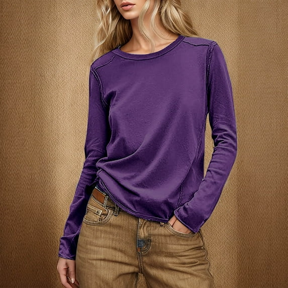 Fznquz Purple Blouses Women Basic Long Sleeve Round Neck Shirt Soft Casual Solid Womens Fashion M
