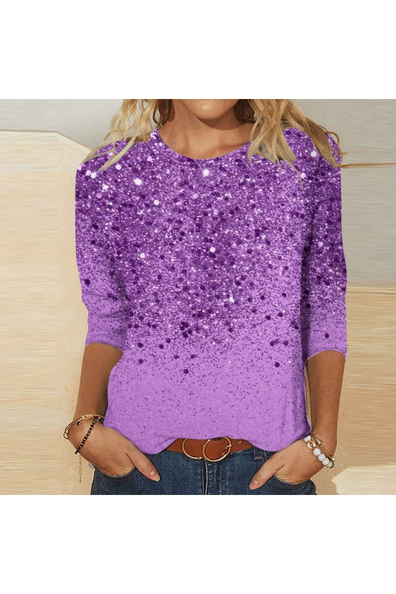 Purple Tops Womens Sparkly Sequin 3/4 Sleeve T-Shirt Fashion Casual Crew Neck Loose Womens Blouse