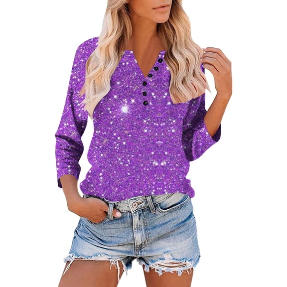 Fznquz Purple Womens 3/4 Sleeve Tops and Blouses Casual Plain Blouse V Neck Solid Color Button Tee,M