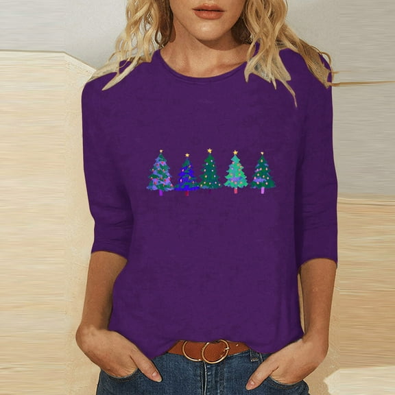 Fznquz Purple Womens Fall Tops 3/4 Sleeve Casual Tees Christmas Crewneck 2025 Womens Winter Clothing,XL