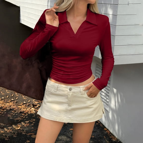 Fznquz Red Blouses for Women 2026 Cotton Dressy Casual Long Sleeve Shirts Slim Fit Collared Going Out Knit Womens Tshirt,XL