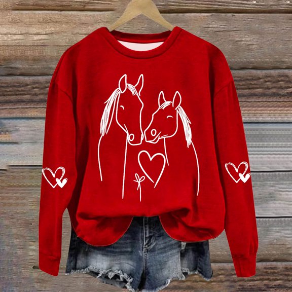 Fznquz Red Sweatshirts for Women Long Sleeve Crewneck Graphic Sweatshirt Fall Winter Pullover Loose Fit Fall Fashion