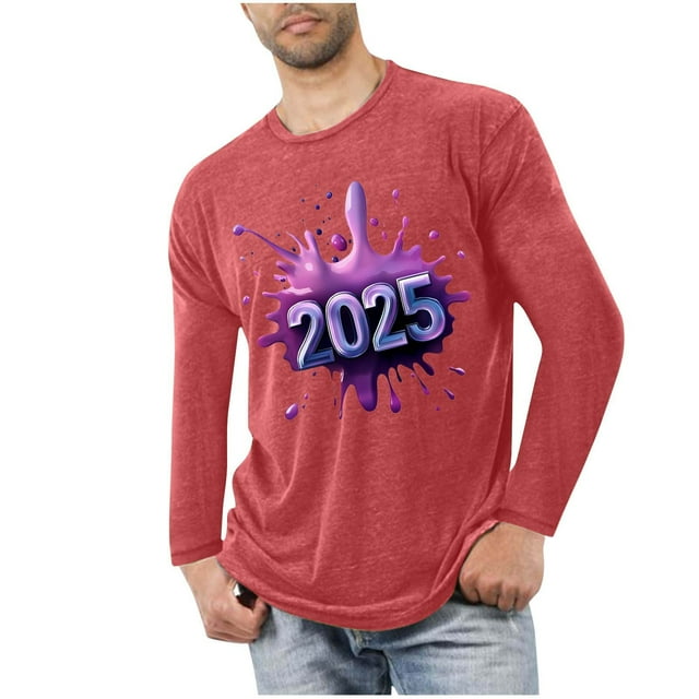 Fznquz Red Tee Shirt Men Long Sleeve Casual 2025 T Shirts Happy New Year Crew Neck Men Fashion