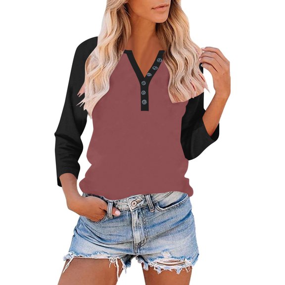 Fznquz Red Tee Shirts Womens Color Block Casual 3/4 Sleeve Shirts Button V Neck Raglan Winter Fashion,M