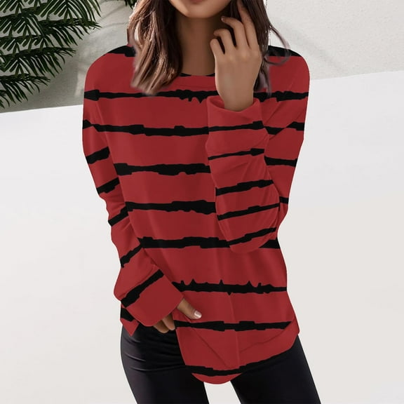 Fznquz Red Women Long Sleeve Tops Striped Tunic Tees Casual Fall Loose Winter Fashion