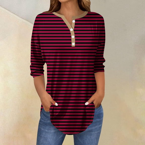 Fznquz Red Womens 3/4 Sleeve Tops Loose Fit Tunics Shirt Striped V Neck Button Fashion,XL