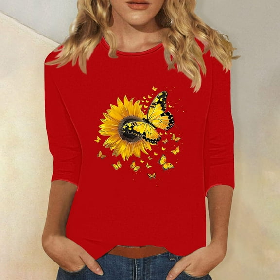Fznquz Red Womens Blouse Crew Neck Floral 3/4 Sleeve Tees Spring Summer Casual Soft Women Tops S