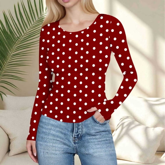 Fznquz Red Womens Blouses for Work Going Out Polka Dot Basic Tees Slim Fit Fitted Long Sleeve Clothes,XL