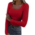 thumbnail image 1 of Fznquz Red Womens Tops Dressy Casual Scoop Neck Ribbed Knit Slim Fit Tee Long Sleeve Plain Tees for Women, 1 of 5