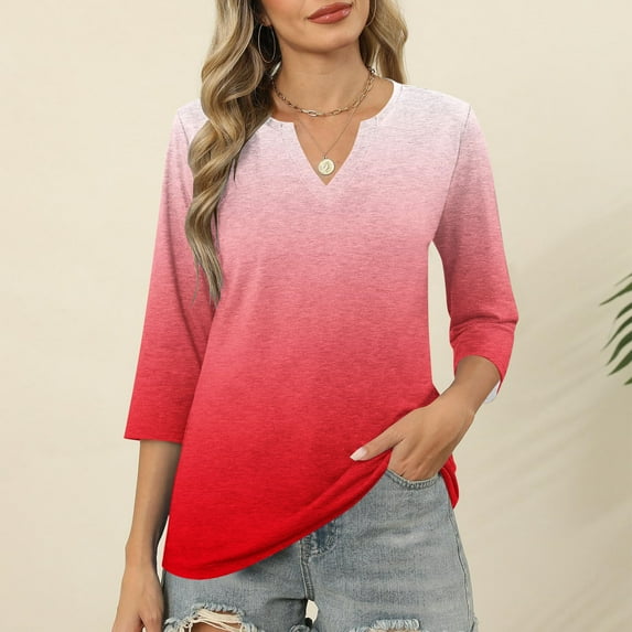 Fznquz Red Womens Tops Fall 2025 3/4 Sleeve Dressy Casual V Neck Shirt Gradient Trendy Fashion,M