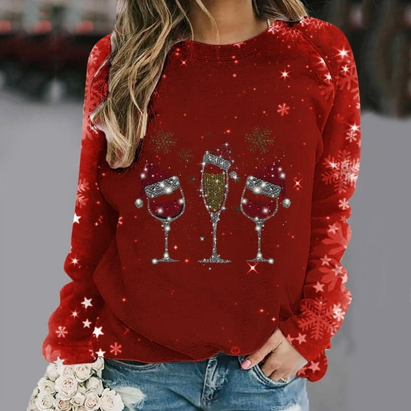 Fznquz Red Womens Tops Fashion Fall Winter Christmas Shirt Crewneck 2025 Long Sleeve Clothes