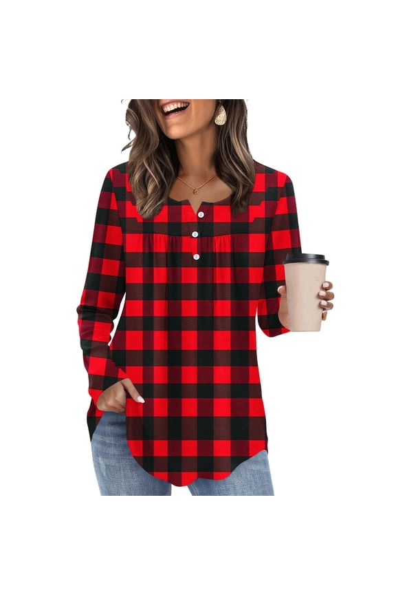 Red Work Tops for Women Long Sleeve Tunic Plaid T-Shirt Button Spring Fall Loose Women Tshirts,S