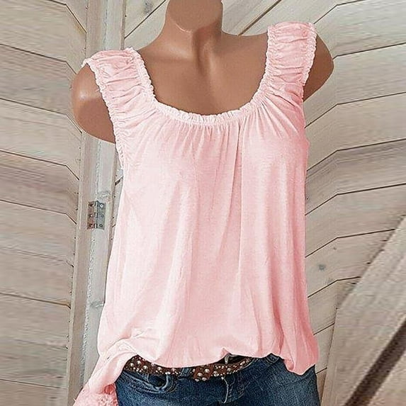 Fznquz Ruffle Tank Top for Women Pleated Solid Loose Trendy Pink Basic Tank Tops