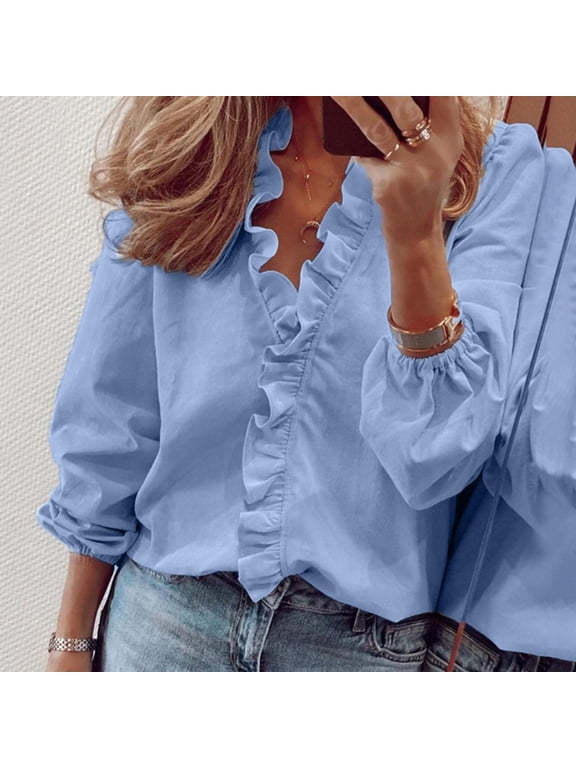 Ruffle Women's Tops Blue Peplum Plain Blouse V Neck Casual Long Sleeve Womens Shirts XL