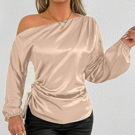 Fznquz Satin Plus Size Women Blouses Long Sleeve Fall Beige Tee Dressy Casual Work Womens T Shirts