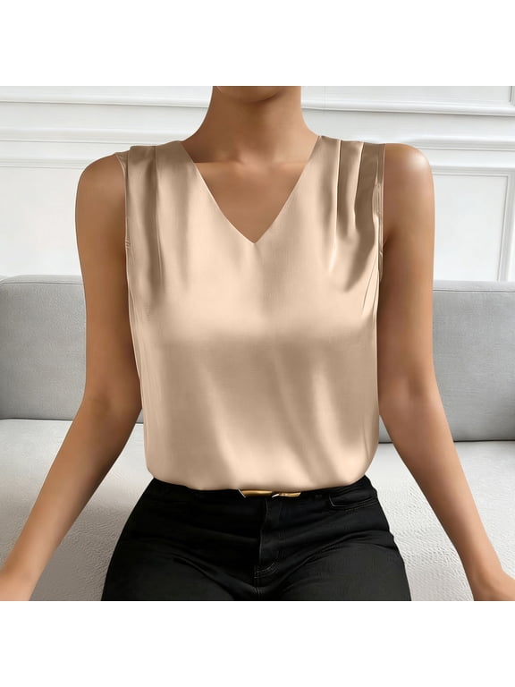 Satin Summer Tank Tops for Women Dressy 2026 Tank Business V Neck Beige Sleeveless Tops