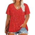 thumbnail image 1 of Fznquz Sequin T Shirts Women Plus Size Red Sparkly Tee V Neck Casual Short Sleeve Blouses for Women, 1 of 5