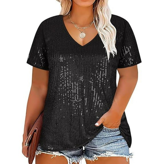 Fznquz Sequin Womens Shirts Sparkly Black Plus Size Tee Short Sleeve V Neck Casual Women's Blouses