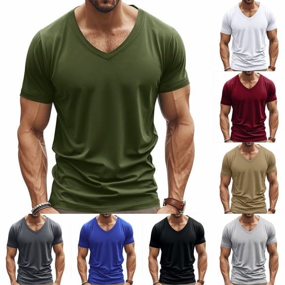 Fznquz Shirts Men V Neck Plain Short Sleeve Green Tees Classic Casual Men's Shirt XXXL