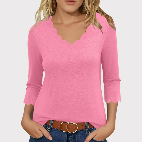 Fznquz Shirts for Women Pink Dressy Casual 3/4 Length Sleeve Plain Tees V Neck Solid Color Fall Fashion,XXXL