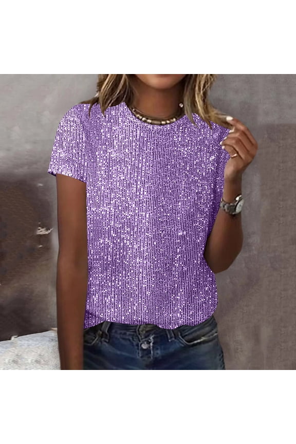 Short Sleeve Blouses for Women Purple Sequin Blouses 2026 Round Neck Sparkle Casual Women's Winter Fashion,M