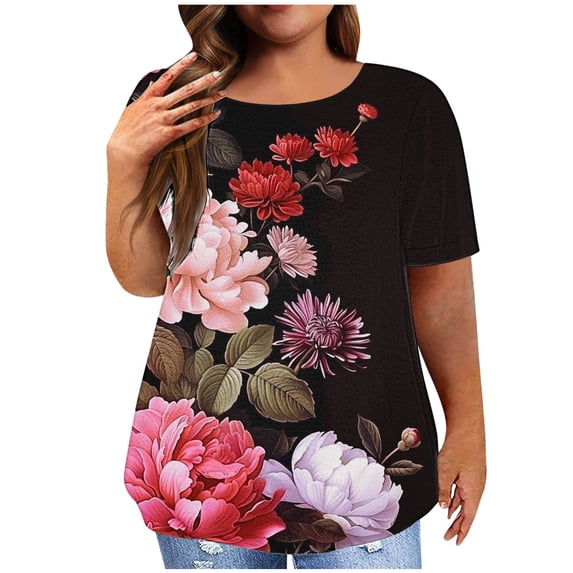 Fznquz Short Sleeve Womens Tops Casual Black Plus Size Shirts Summer Graphic Crew Neck Blouses for Women Under $10