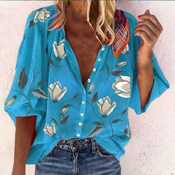Fznquz Short Sleeve Ladies Blouses Hawaiian Blue Button Down Shirts Casual Floral Beach Summer Womens Clothes M