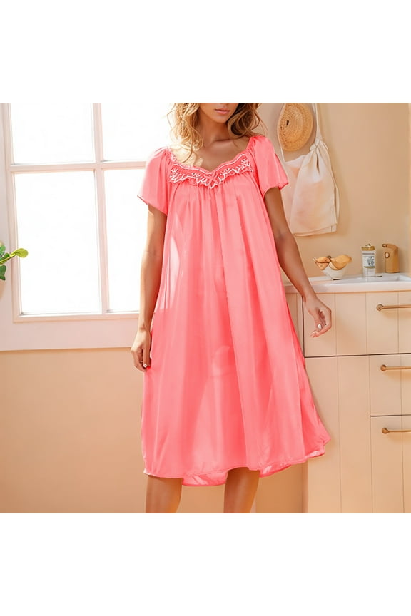 Short Sleeve Ladies Nightgowns Loose Lounge House Dress Mumu Red Casual Soft Womens Night Shirts