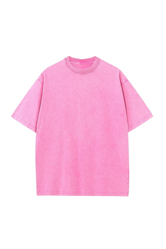 100% Cotton! Fznquz Short Sleeve Men Shirts Plain Pink Round Neck Tshirt Loose Fit Casual Solid Color Mens Clothing XXXL