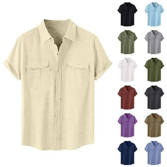 Fznquz Short Sleeve Men's Big and Tall Button Up Shirt Plain Cotton Linen Beige Button down Shirt Soft Vintage Men's Fashion