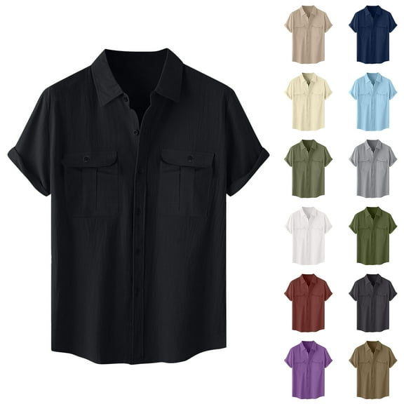 Fznquz Short Sleeve Men's Big and Tall Button Up Shirt Plain Cotton Linen Button down Shirt Soft Vintage Men's Fashion