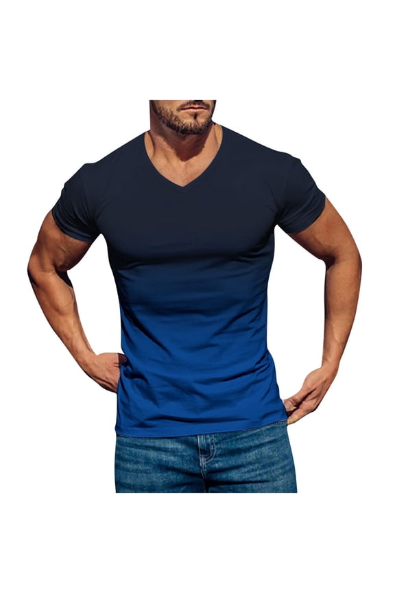 Short Sleeve Mens Shirts Blue V Neck Summer Gradient Tees XXL